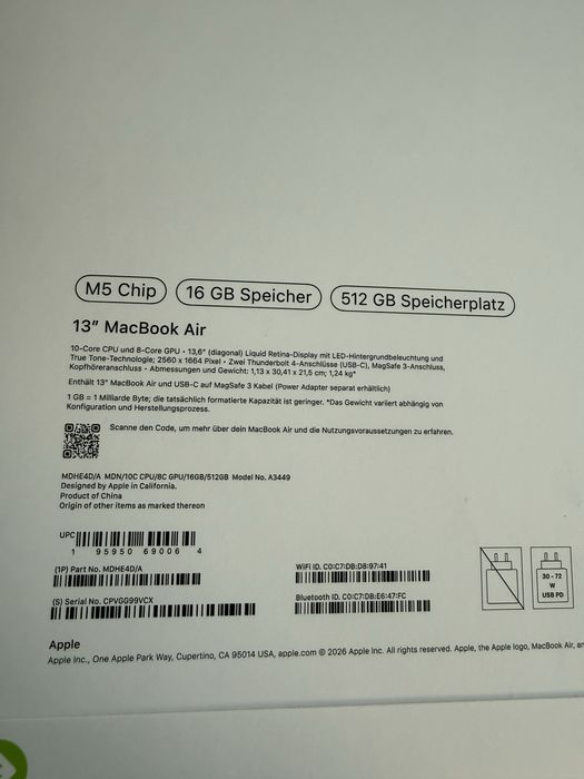 Чисто нов Macbook Air M5  16Gb  512GB Midnight