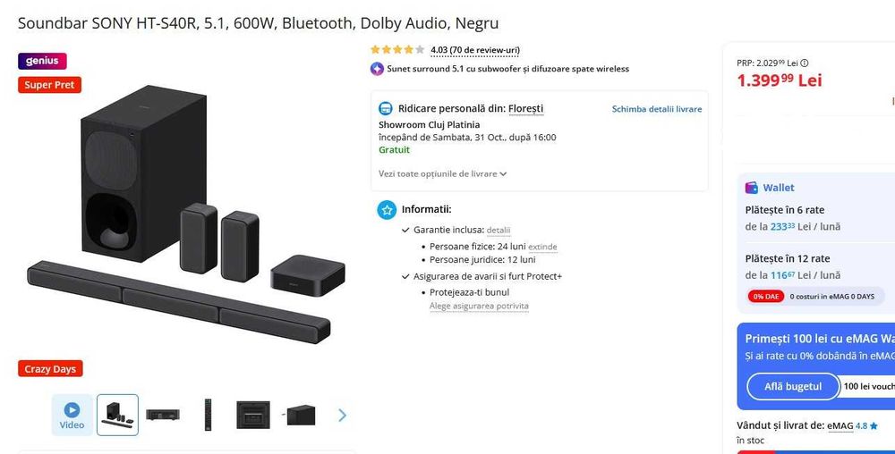 Soundbar SONY HT-S40R, 5.1, 600W, Bluetooth, Dolby Audio, Negru