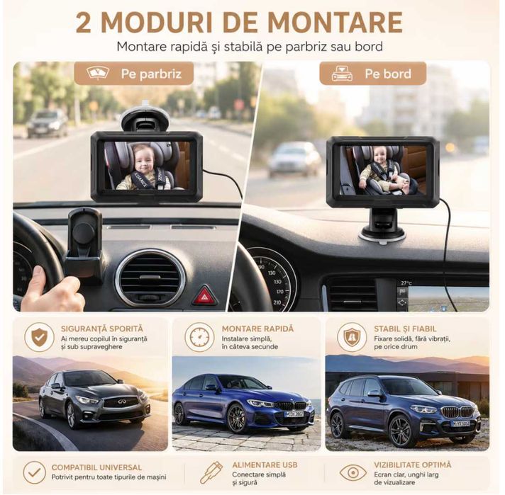 Monitor Video Auto Bebelusi si Copii Loosafe® Baby Guard, Ecran 4.5 inch, Camera Full HD 150 Grade, Rotativa, Vedere Noaptea, La Bricheta