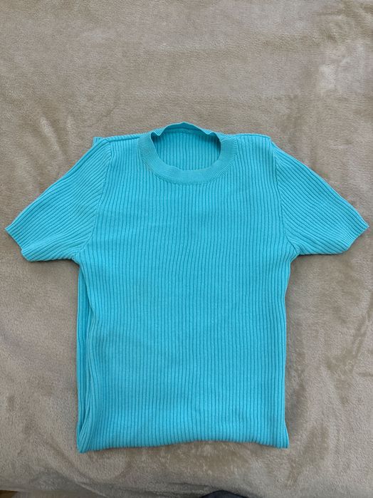 Синя къса плетена рокля