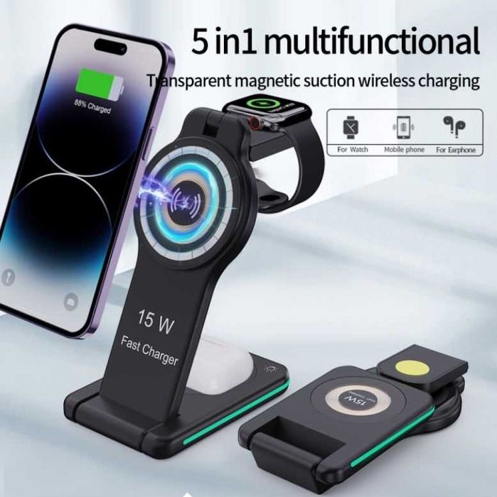 Incarcator Wireless Pliabil Telefon si Ceas Fast Charge 5in1 15w