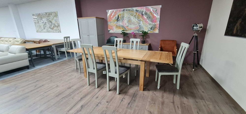 ПРОМОЦИЯ! Нова дървена разтегателна трапезна маса от дъб с шест стола