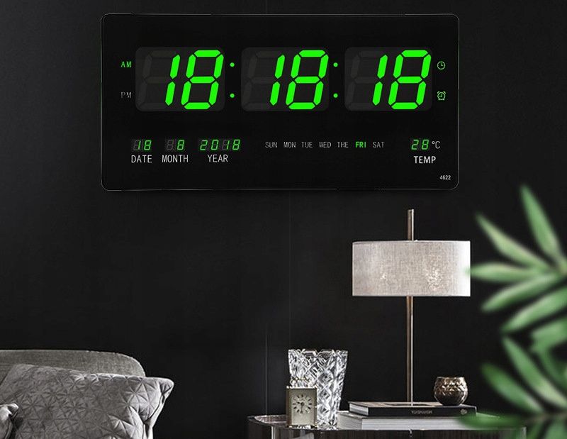 Стенен часовник Зелен светодиоден цифров дисплей,термометър, календар
