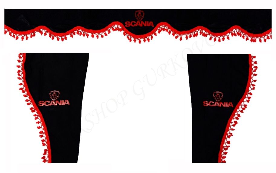 Черни пердета с червени пискюли и лого за камиони