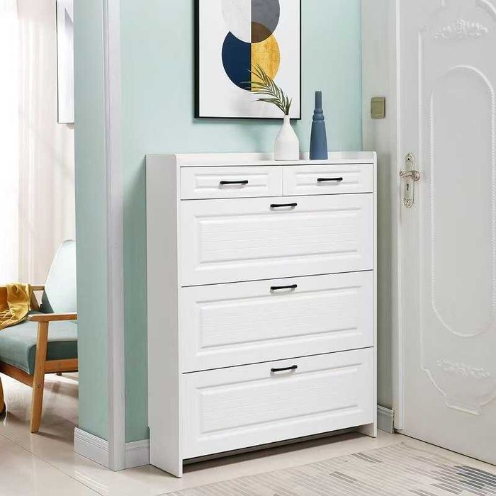 Узкая обувница в прихожую закрытая, обувной шкаф тумпа для обуви белый