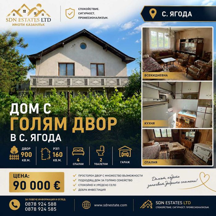 Двуетажна къща с двор 900 кв.м. и гараж в с. Ягода