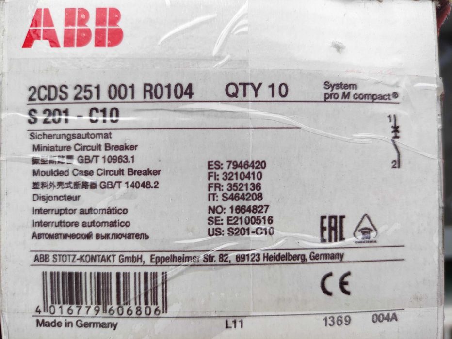 Автоматичен прекъсвач ABB за DIN шина 10 A, 230 V, 6 kA, 1P, S201-C10