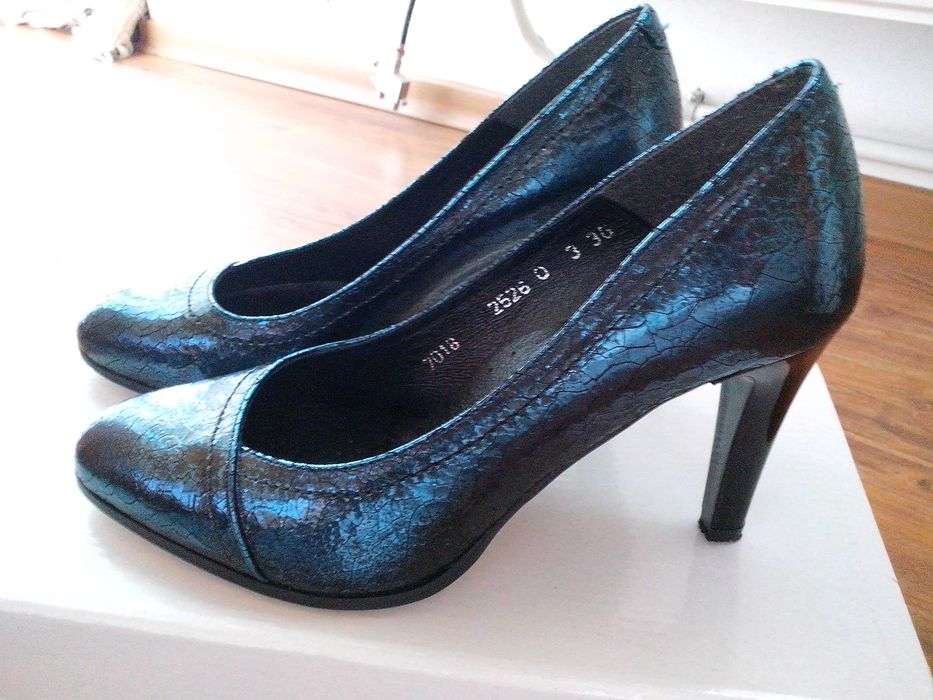pantofi 37,piele naturala,marca Ann Mex,toc inalt,bleumarin metalizat