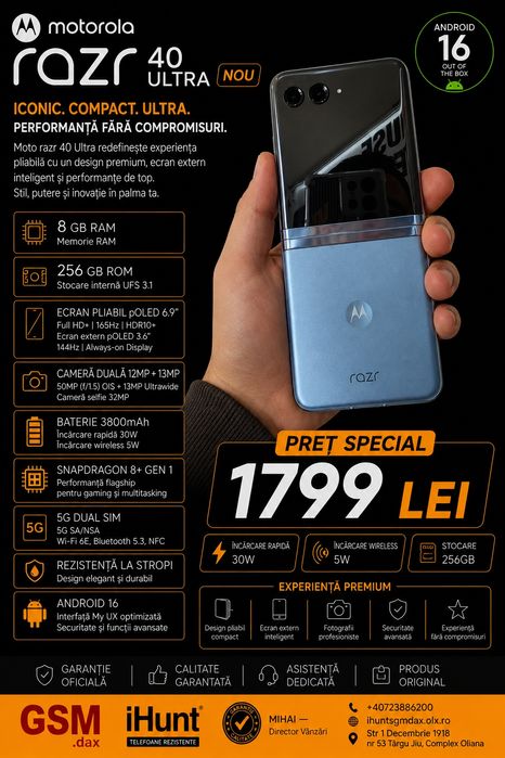 Moto Razr 40 Ultra, 8/256 GB, Nou, Garanție