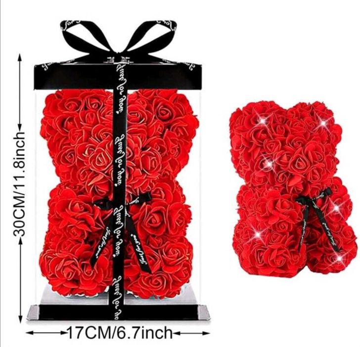 Мече от рози в кутия с панделка Луксозен подарък