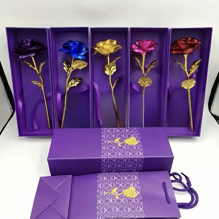 ТОП ПРОМО Роза 24К златно фолио в различни цветове с кутия и торбичка