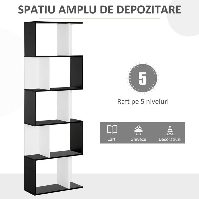 Biblioteca Moderna , 5 rafturi , Alb/Negru , HOMCOM , x2 bucati disponibile