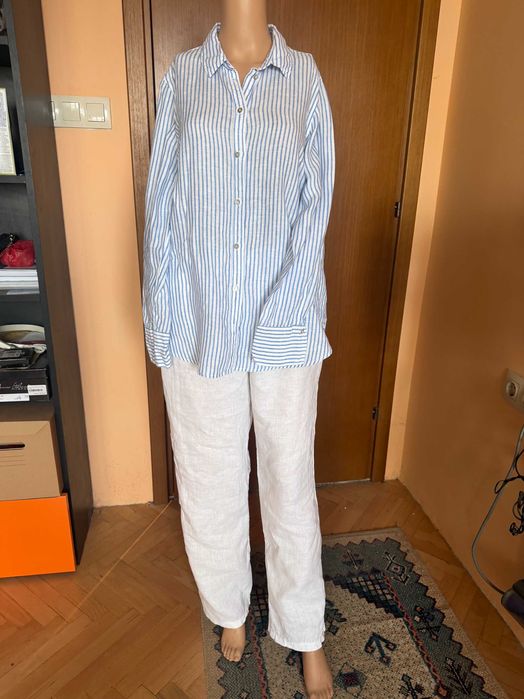 Ленена риза H&M райе синьо и бяло, размер  L/XL