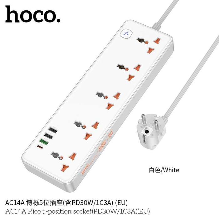 Hoco AC14A Rico Сетевой фильтр 5 розетками и USB-портами PD30W EU/GER