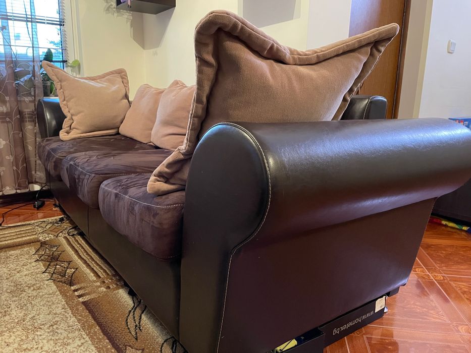 Триместен диван велур и кожа + ПОДАРЪК ел. уред за палачинки Delimano