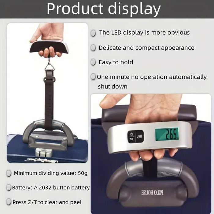 Cantar bagaje de mana piata pescuit afisaj LCD iluminat verde 1g-50kg. Functie tara dimensiune 12.5 x 2.8 x 2.8 cm dimensiune curea 22.4 cm Pret 20lei