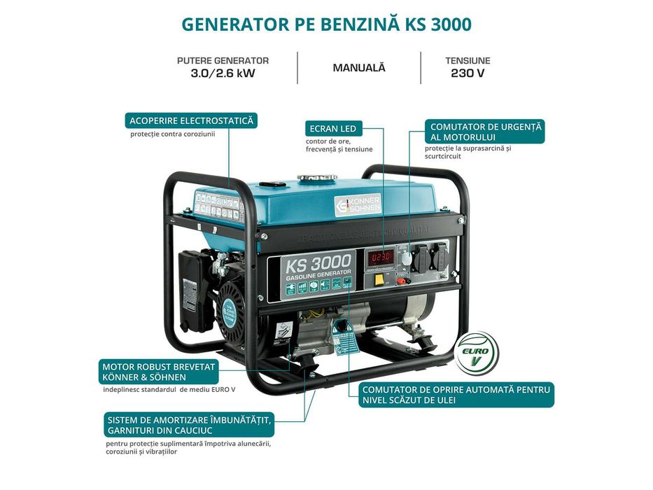 Generator de curent pe benzina monofazat 3.0 kW Konner KS 3000