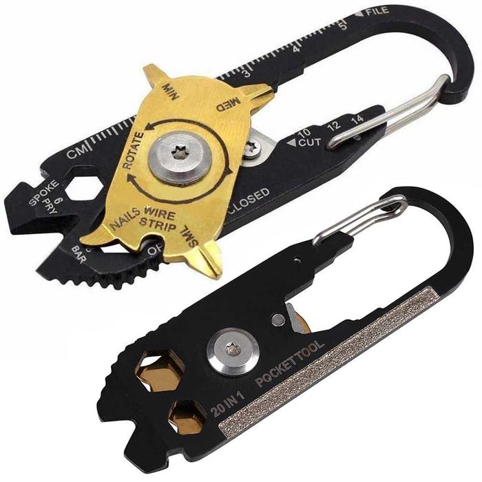 Multitool 20 în 1 cu Carabină | Unealtă Multifuncțională pentru Camping, Drumeții și EDC