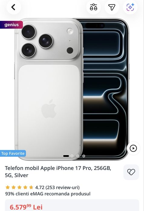 iPhone 17 Pro, 256GB, 5G, Silver, baterie 99%, liber rețea