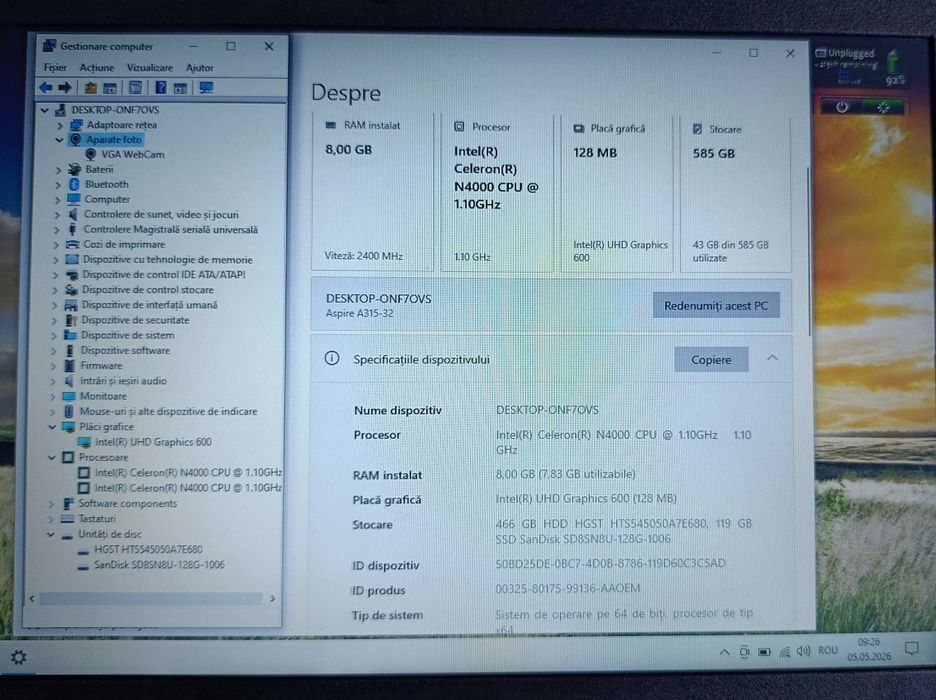Acer Aspire Intel N4000, 8GB DDR4, SSD+HDD, HD Graphics, baterie 4 ore