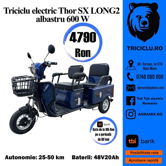 Tuk Tuk triciclu Thor Sx Long-2- 600 w 2 persoane AGRAMIX nou