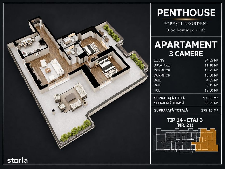 Penthouse 3 camere | Terasă 86 mp | Bloc boutique | Popești-Leordeni — fotografia 1