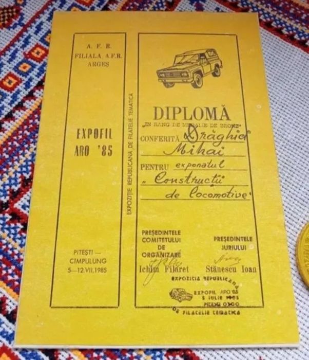 Lot obiecte ARO, Placheta și diploma,expoziția filatelica,Expofil 1985, veche de colectie ,  veche Romaneasca ARO, istoric, pentru colectionari