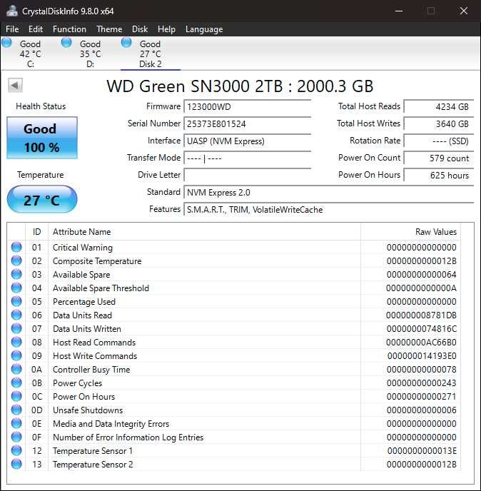 SSD 2TB WD Green M.2 2280 PCIe4 x4 NVMe 64Gbps