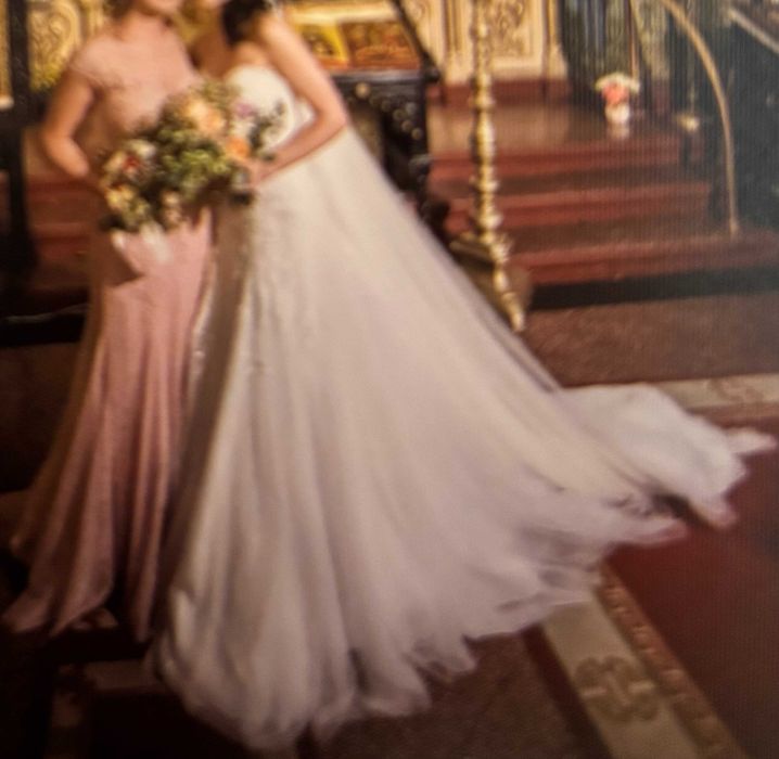 Vand rochie alba de mireasa si voal - Pronovias, masura XS