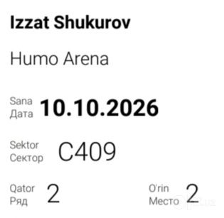 Izza Shukurov Bilet 2 ta