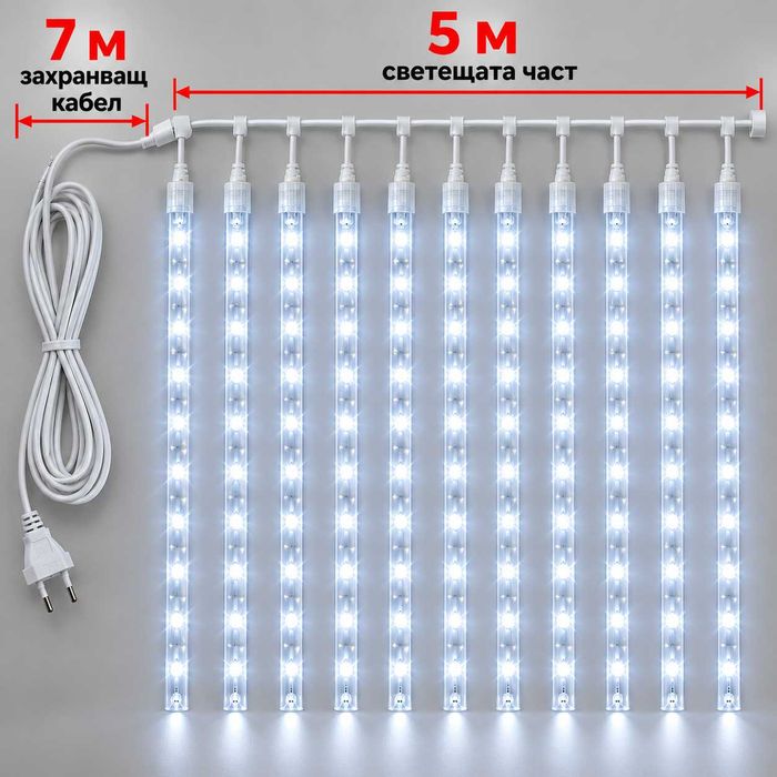 Коледни лампички ПАДАЩ СНЯГ 10бр. 5м х 80см НОВ МОДЕЛ 2027 с 8 различни изстрелващи функции в студено бяло