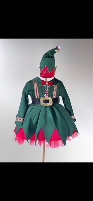 Rochie fetita 4/6 ani , noua cu caciulita . Spiridusul lui mos craciun