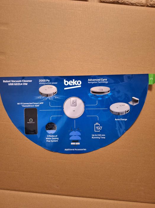 Мощна прахосмукачка робот Beko VRR60314VW; 2000 Pa; Wifi; Функция моп