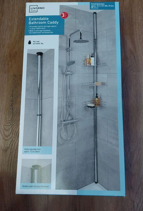 Etajera telescopica pentru baie 123- 260 cm, crom, 3 suporturi, Nou!