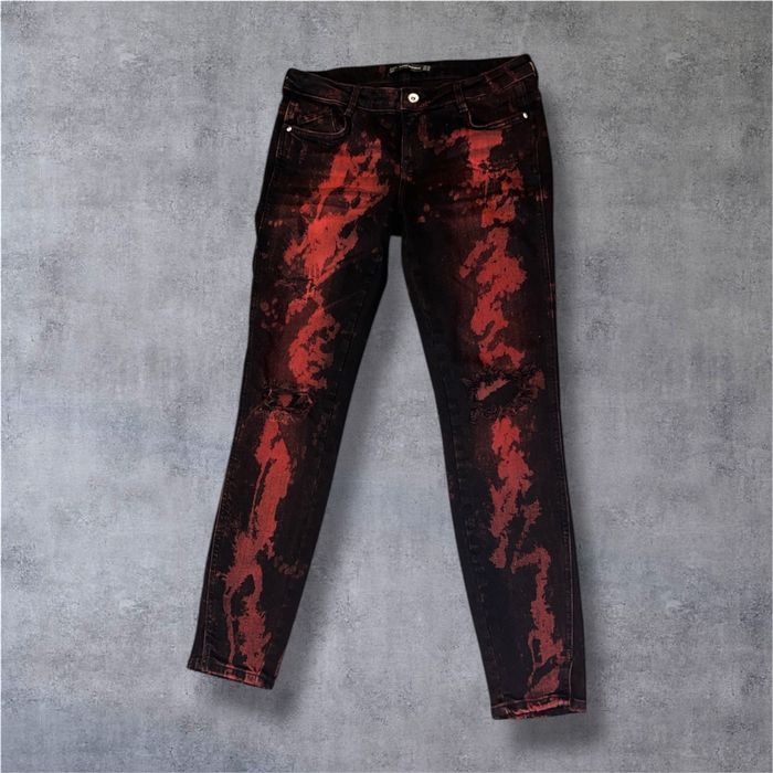 Blugi Zara skinny slim rupti negru-rosu