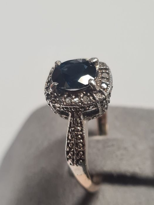 Inel din aur galben de 14k si argint, cu safir natural si diamante