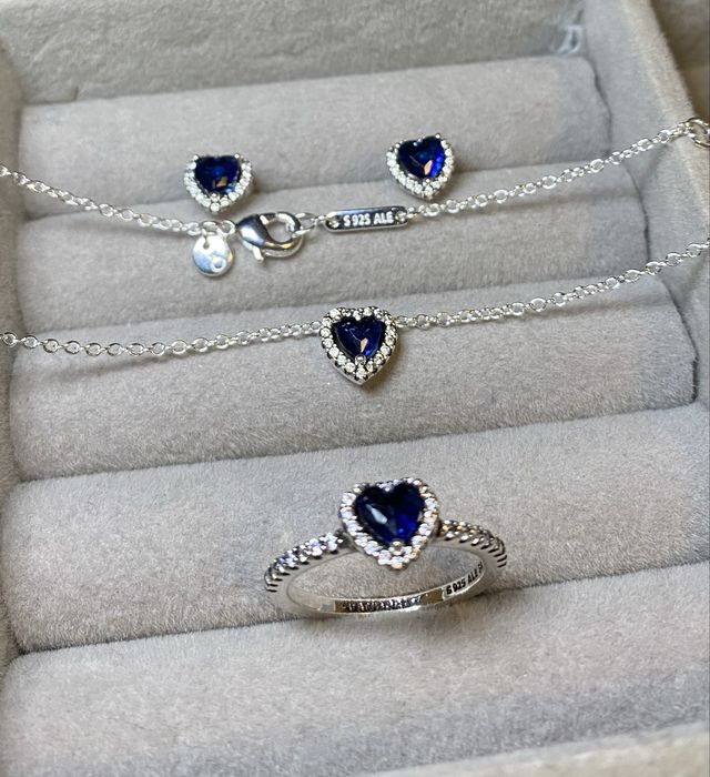 PANDORA Set Argint S925 – Inel mar.7, Cercei, Colier – Inimă Albastră – NOU