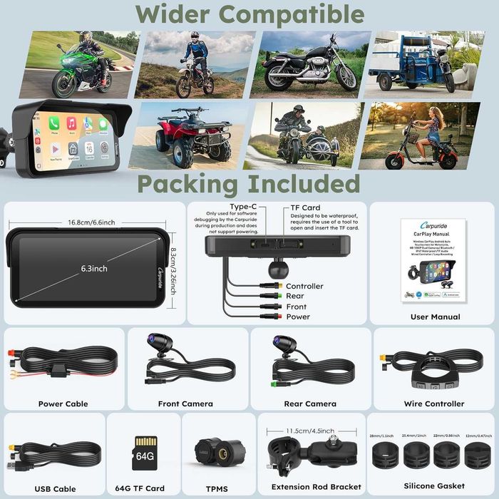 Carpuride W603DT за мотоциклет с CarPlay, Android Car и TPMS