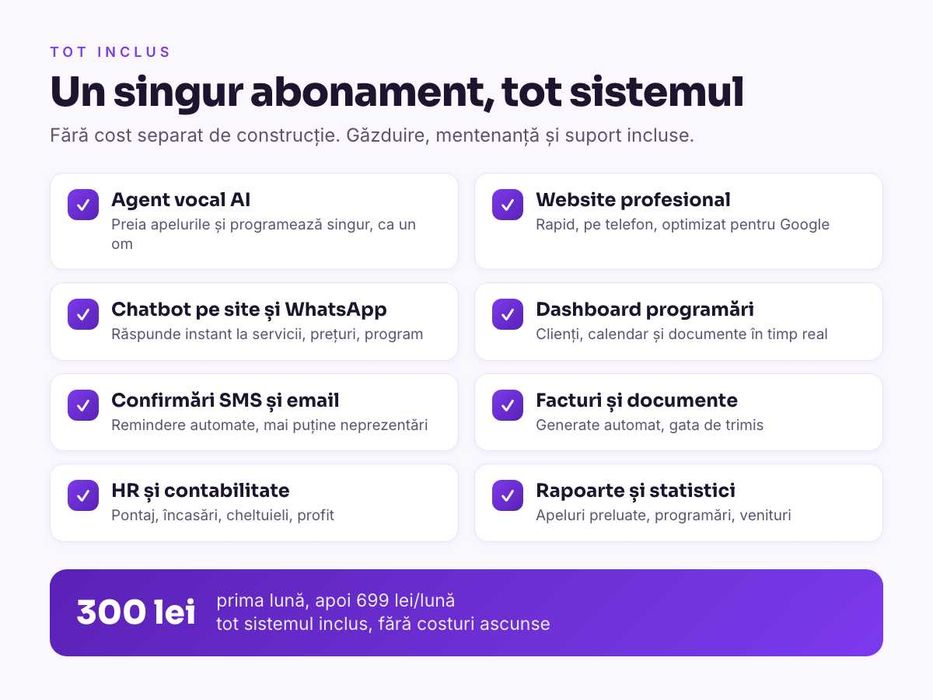 Asistent AI raspunde la telefon si WhatsApp, programeaza clientii 24/7 | site si chatbot incluse | testeaza demo live | 300 lei prima luna