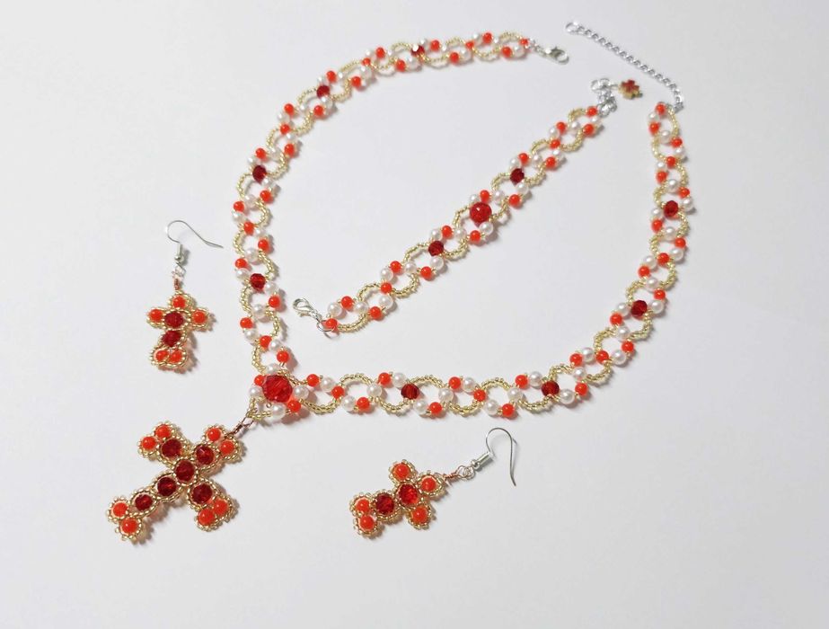 Seturi bijuterii handmade rosu cu alb, multe modele, unicat margele