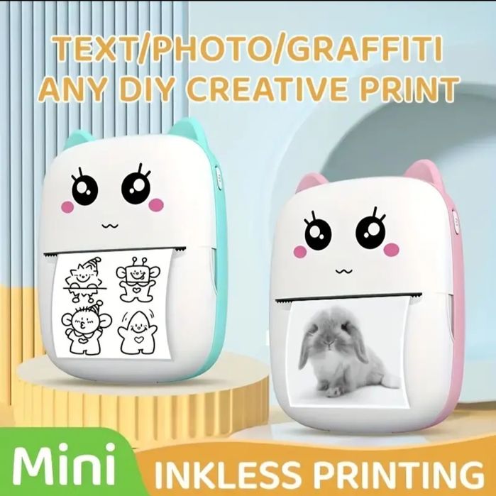 Мини джобен термичен принтер за етикети/снимки - розов