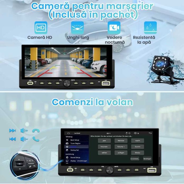 Navigatie GPS 1DIN  Wireless CarPlay & Android Auto | Cameră Marșarier Inclusă