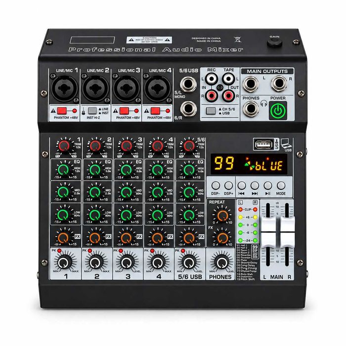 Pasiv mixer audio profesional 6 canale 99 Efecte digital DSP Stereo canal USB Bluetooth LED ecran
