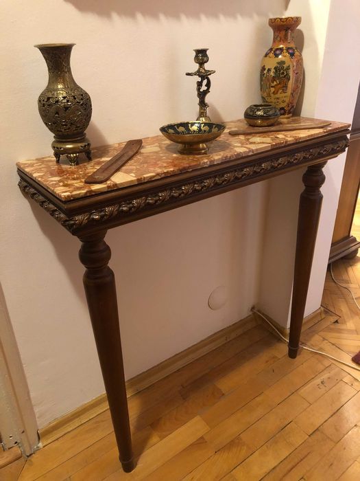 Doua console lemn sculptat + marmura + oglinzi bizotate, stil clasic