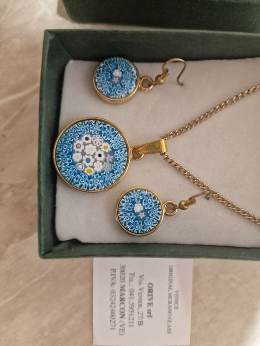 Set bijuterii Murano original – colier + cercei, Millefiori, cu certificat