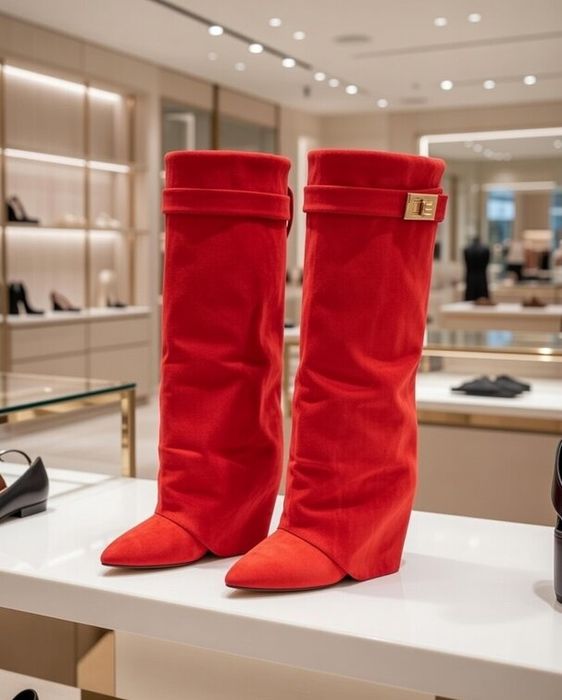 Ботуши на платформа - червен велур [36-40 номер]