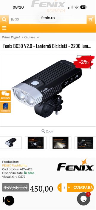 Lanterna bicicleta/trotineta FENIX BC30 V2.0 2200lumeni