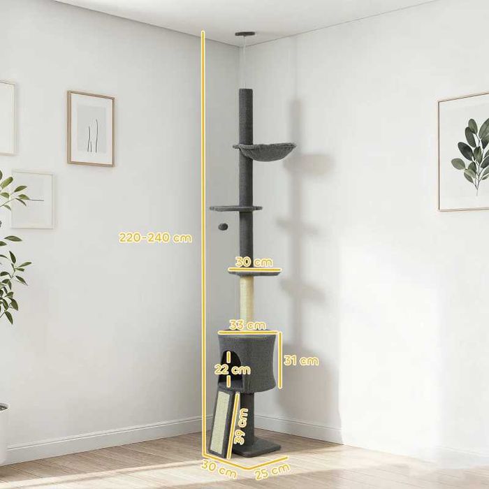 PawHut Дърво за котки, Пещера, Хамак, Регулируема височина