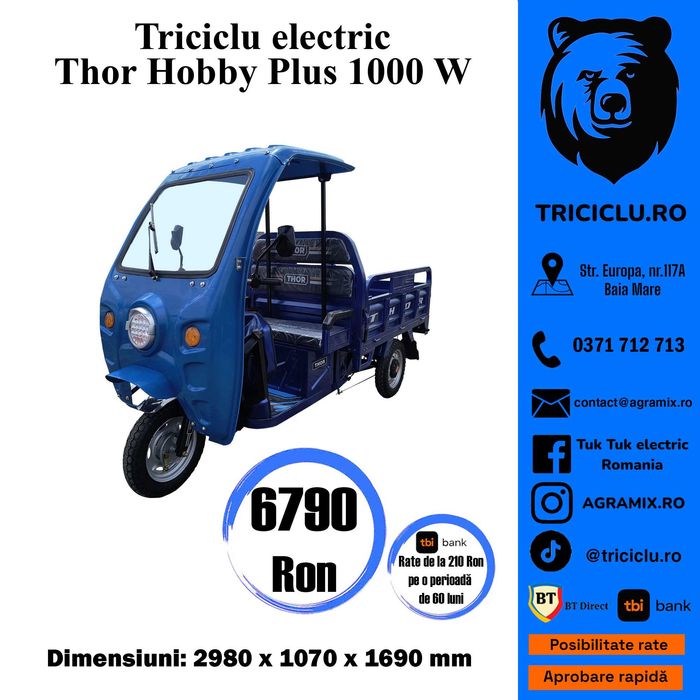Triciclu electric 1000W Thor HOBBY Plus fara permis 60V32Ah 25km/h, Agramix, produs nou