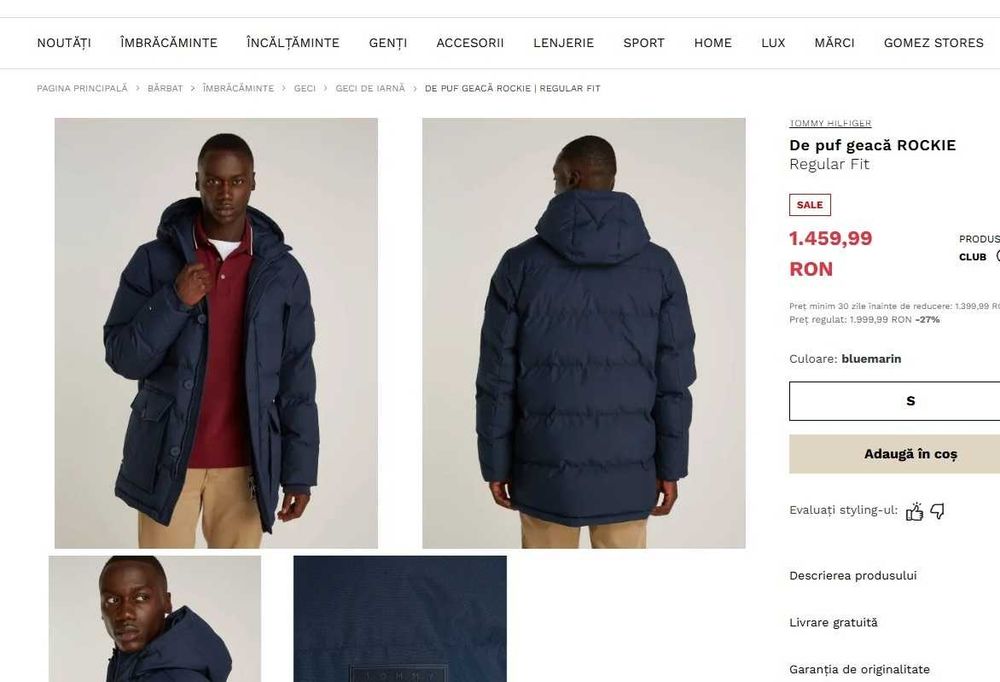 Geaca parka 52 XL cu puf si pene Tommy Hilfiger albastru inchis